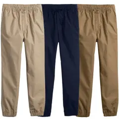Galaxy by Harvic Boy's Slim Fitting Cotton Stretch Classic Twill Joggers 3 Pack Khaki/Navy/Timber