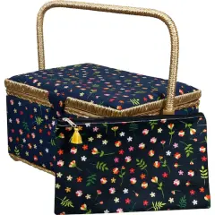 SINGER&reg; Ditsy Floral Print Large Sewing Basket with Matching Zipper Pouch