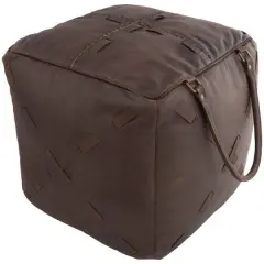 22" Leather Pouf with Woven Straps & Handles Dark Brown