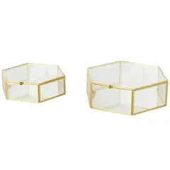 Clear & Gold Glass & Metal Hexagon Jewelry Box with Chain Accent Set