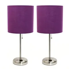 LimeLights 19.5" Brushed Steel Base Lamps with Charging Outlets, 2ct. Purple
