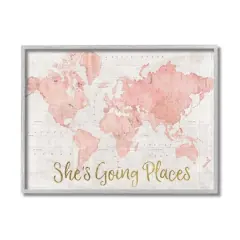 Stupell Industries She's Going Places Pink Watercolor World Map Framed Wall Art