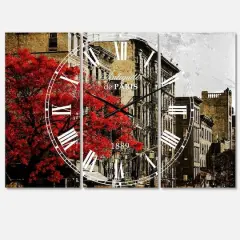 Designart Red Tree on Black & White New York City Street Industrial Multipanel Wall Clock
