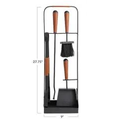 Hello Honey&reg; Matte Black and Tan Modern Cast Iron Fire Tool Set with Leather Accents