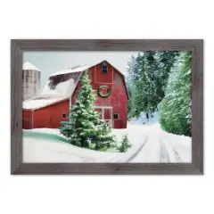 Designs Direct 30" x 20" Snowy Red Barn Western Gray Framed Print