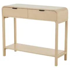35.5" Beige Wood Handmade 2-Drawer Console Table with Black Handles