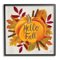 Stupell Industries Hello Fall Sentiment Orange Pumpkin Autumn Tree Leaves Black Framed Wall Art, 12" x 12"
