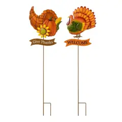 Glitzhome&reg; 36.25" Thanksgiving Metal Turkey & Croissant Yard Stake Set