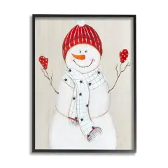 Stupell Industries Seasonal Snowman Smiling Red Hat Framed Giclee Art Black