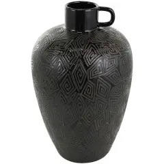 19" Black Ceramic Vase with Geometric Etchings