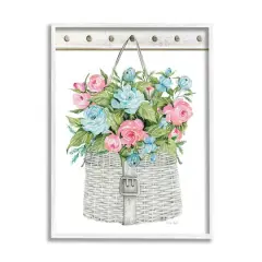 Stupell Industries Blue And Pink Blooming Roses Spring Plant Basket Framed Giclee Art White