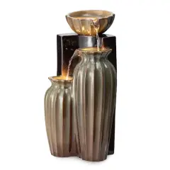 Glitzhome&reg; 26.75" 3-Tier LED Fluted Textured Ceramic Outdoor Floor Fountain Olive Green and Brown