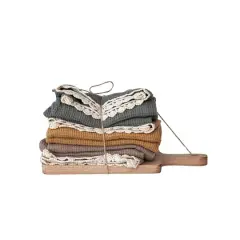 Hello Honey&reg; Multicolor Kitchen Cotton Tea Towels on a Mango Wood Board Set