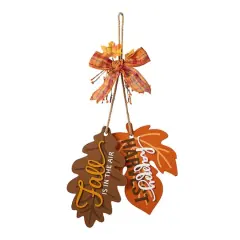 Glitzhome&reg; 24.5" Fall Wood Maple Leaves with Bowknot Door Hanger
