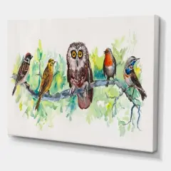 Designart - Owl On A Branch With Bird Friends - Traditional Canvas Wall Art Print