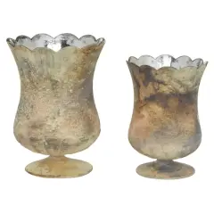 Set of 2 Brown Glass Rustic Candle Holder, 7.5", 9"
