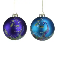 2ct. 4" Purple & Blue 2-Finish Peacock Glass Ball Ornaments
