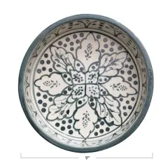 Hello Honey&reg; 9" Cream & Blue Botanical Design Hand-Painted Stoneware Pet Bowl