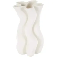 White Ceramic Abstract Ribbed Dimensional Wavy Vase with Floral Shaped Rim