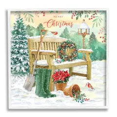 Stupell Industries Merry Christmas Winter Bench Framed Giclee Art White