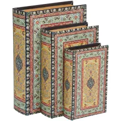 Arabesque Pattern Canvas Storage Book Box Set Green/Yellow/Red
