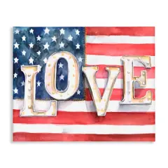 Stupell Industries Vintage Love Text Over Stitched American Flag Canvas Wall Art
