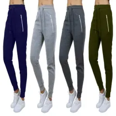 Galaxy by Harvic Women's Relaxed-Fit Fleece-Lined Jogger Sweatpants with Zipper Pockets 4 Pack Navy/Heather Gray/Charcoal/Olive