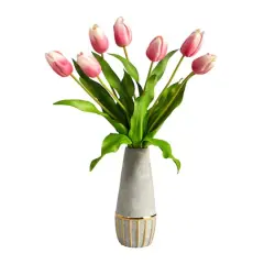 22" Mauve Dutch Tulip Arrangement in Gold Trim Stoneware Vase