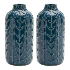 8.75" Blue Ceramic Leaf Pattern Vase, 2ct.