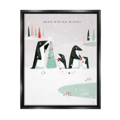 Stupell Industries Warm Winter Wishes Snowy Penguins Framed Floater Canvas Wall Art Black