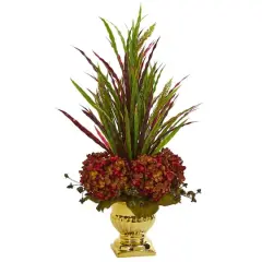 2ft. Rust Grass & Hydrangea Arrangement in Gold Urn
