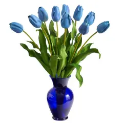 22" Light Blue Dutch Tulip Arrangement in Blue Vase