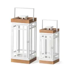 Glitzhome&reg; White Modern Square Metal & Wood Lanterns Set