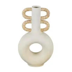 16" Cream Round Speckled Vase with Woven Inspired Arched Handles & Cutout Opening
