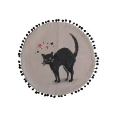 Hello Honey&reg; 16" White & Black Round Cotton Chambray Printed Pillow with Cat Design, Embroidery & Pom Pom Trim