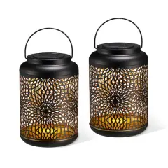 Glitzhome&reg; 8.75" Metal Cutout Solar Powered Hanging Lantern Set Black