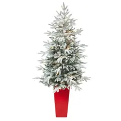 5ft. Pre-Lit Flocked Manchester Spruce Artificial Christmas Tree in Tower Planter, Clear Lights