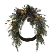 Hello Honey&reg; 28" Dark Green & Yellow Evergreen Wreath with Pinecones, Berries & Pods