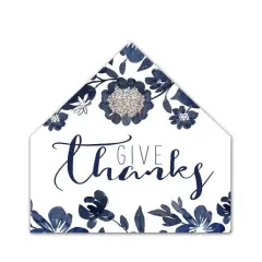 Give Thanks Blue Floral House Shaped Canvas Wall Art