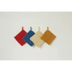 Hello Honey&reg; 8" Red, Blue, Yellow & White Square Cotton Crocheted Pot Holder Set