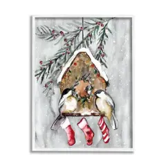 Stupell Industries Holiday Stockings Birdhouse Perched Framed Giclee Art White