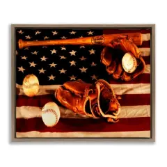 Stupell Industries Vintage American Flag Baseball Photo Floater Framed Art Brown