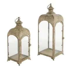 Brown Distressed Arched Panel Candle Lantern Set
