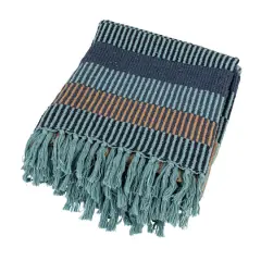 Hello Honey&reg; Blue & Cream Striped Cotton Blend Throw with Fringe