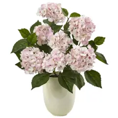 22" Pink Hydrangea Arrangement in White Planter