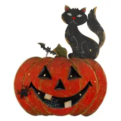 14" Lighted Orange & Black Smiling Pumpkin Halloween Tabletop Decor