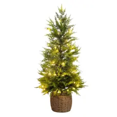 3ft. Pre-Lit Artificial Lightly Snowed Cypress Christmas Tree with 38 Warm White LED Lights in Decorative Weaved Basket