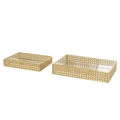 Brown Woven Rattan Tray Set with Mirrored Glass Interiors