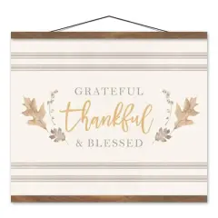 Grateful Thankful Blessed Stripes Teak Hanging Canvas
