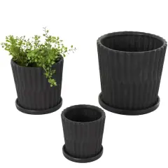 Black Double Ribbed Textured Ceramic Planter Set